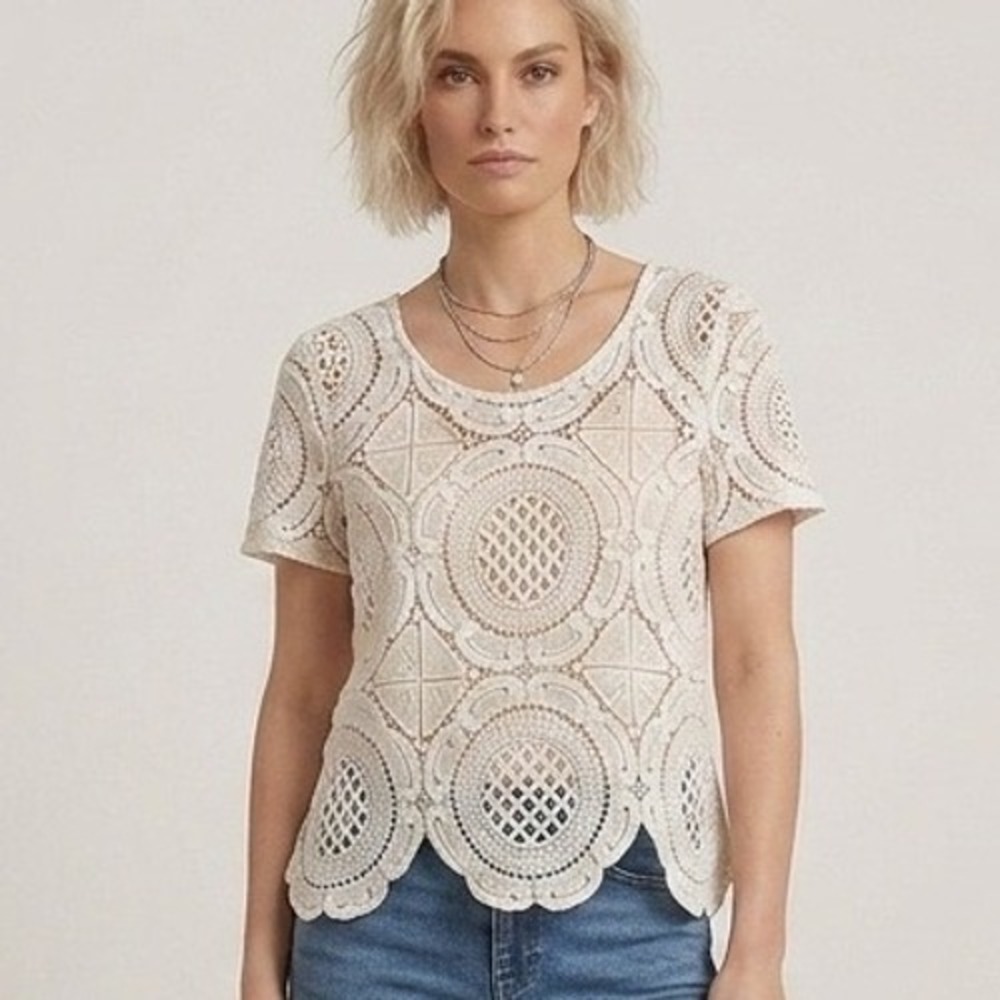 Bar III White Crochet Lace Short Sleeve Top Scalloped Hem Boho Cottagecore L